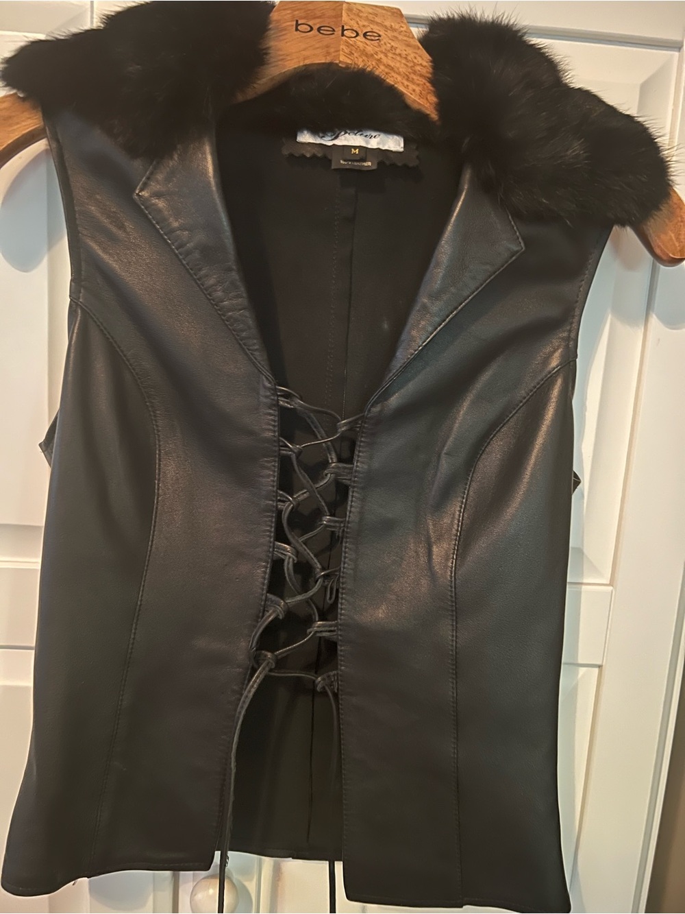 $10Gift🦊😍Soft 100% Leather  Real Rabbit  Fur Lace tie Vest Pit to Pit 15